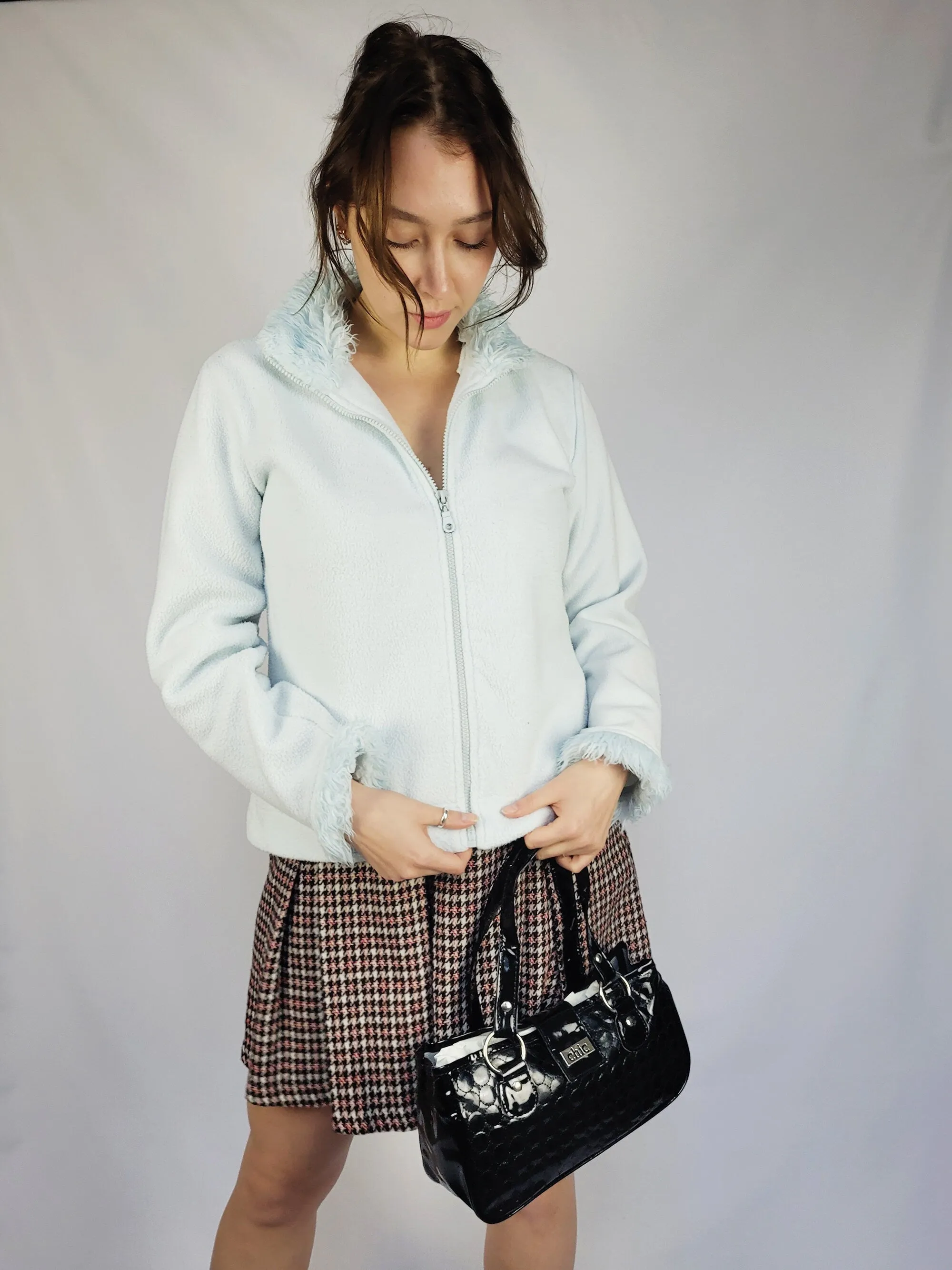 90s pastel blue furry trim fleece zip sweatshirt jacket