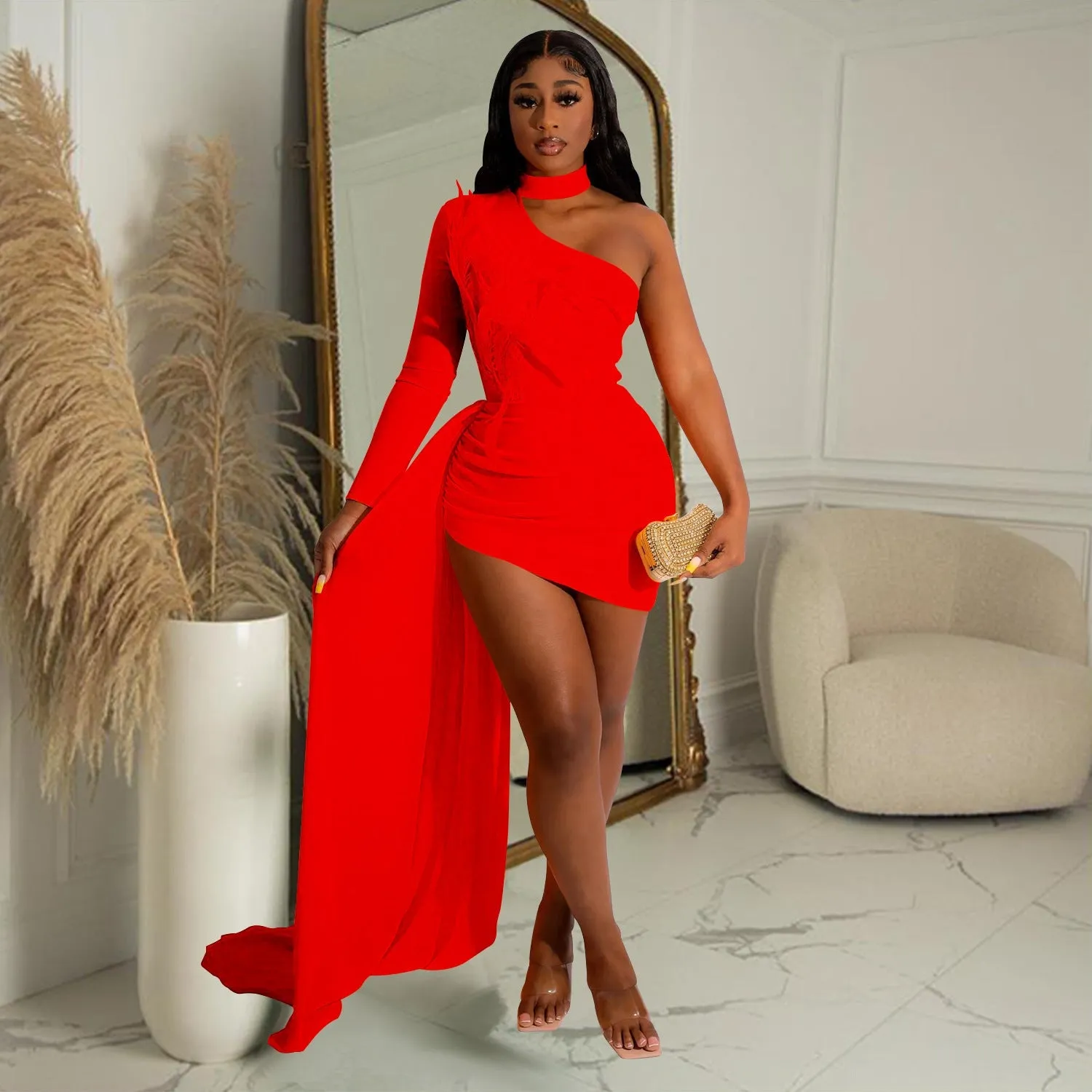 MALYBGG One-Shoulder Long Sleeve Cape Dress 6126LY