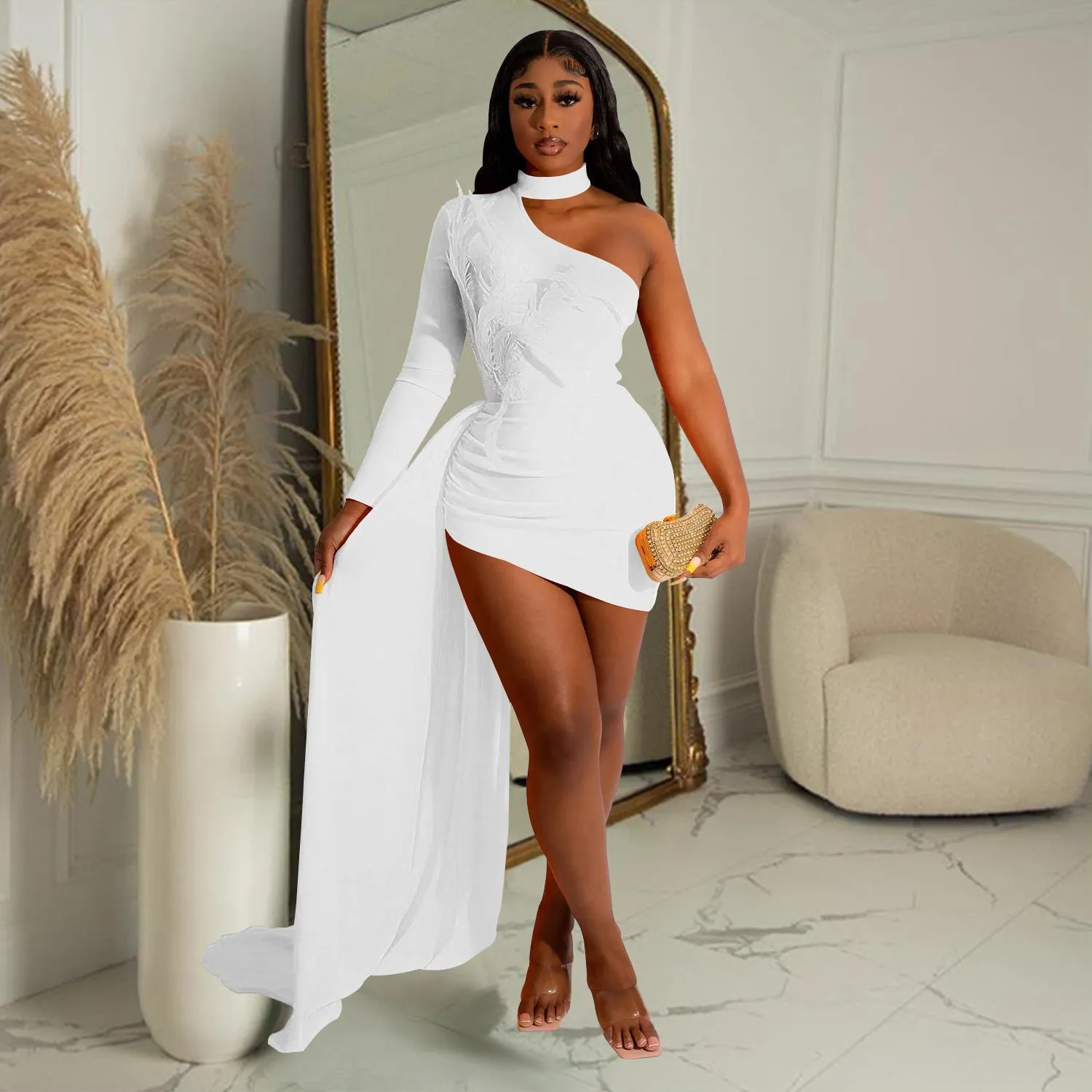 MALYBGG One-Shoulder Long Sleeve Cape Dress 6126LY