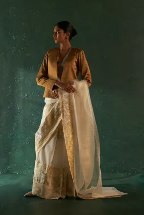 Midas Ivory Saree With Tissue Blouse & Blazer- Set Of 3