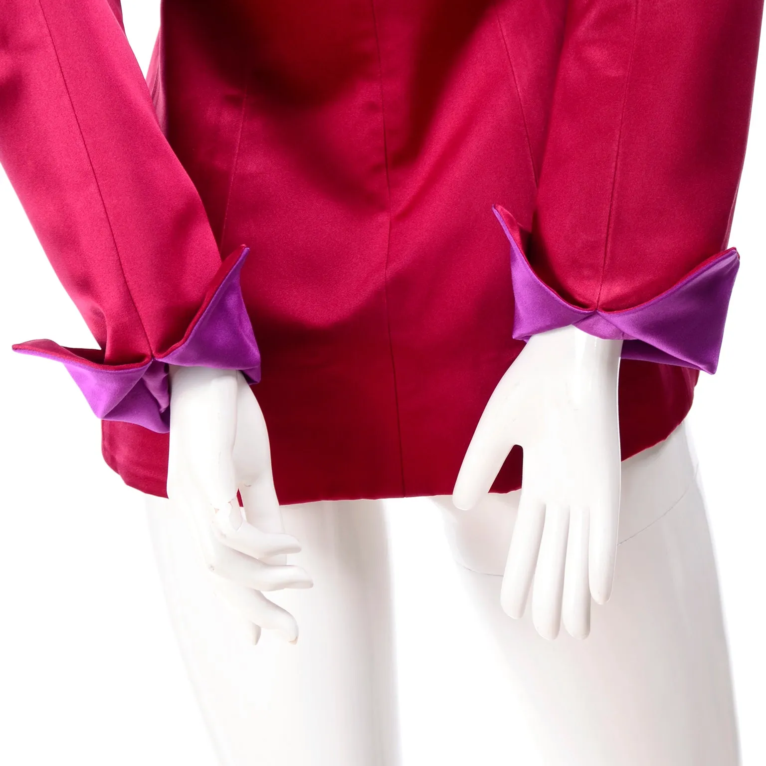 Oscar de la Renta Raspberry Red Satin Evening Jacket w/ Purple Lapels