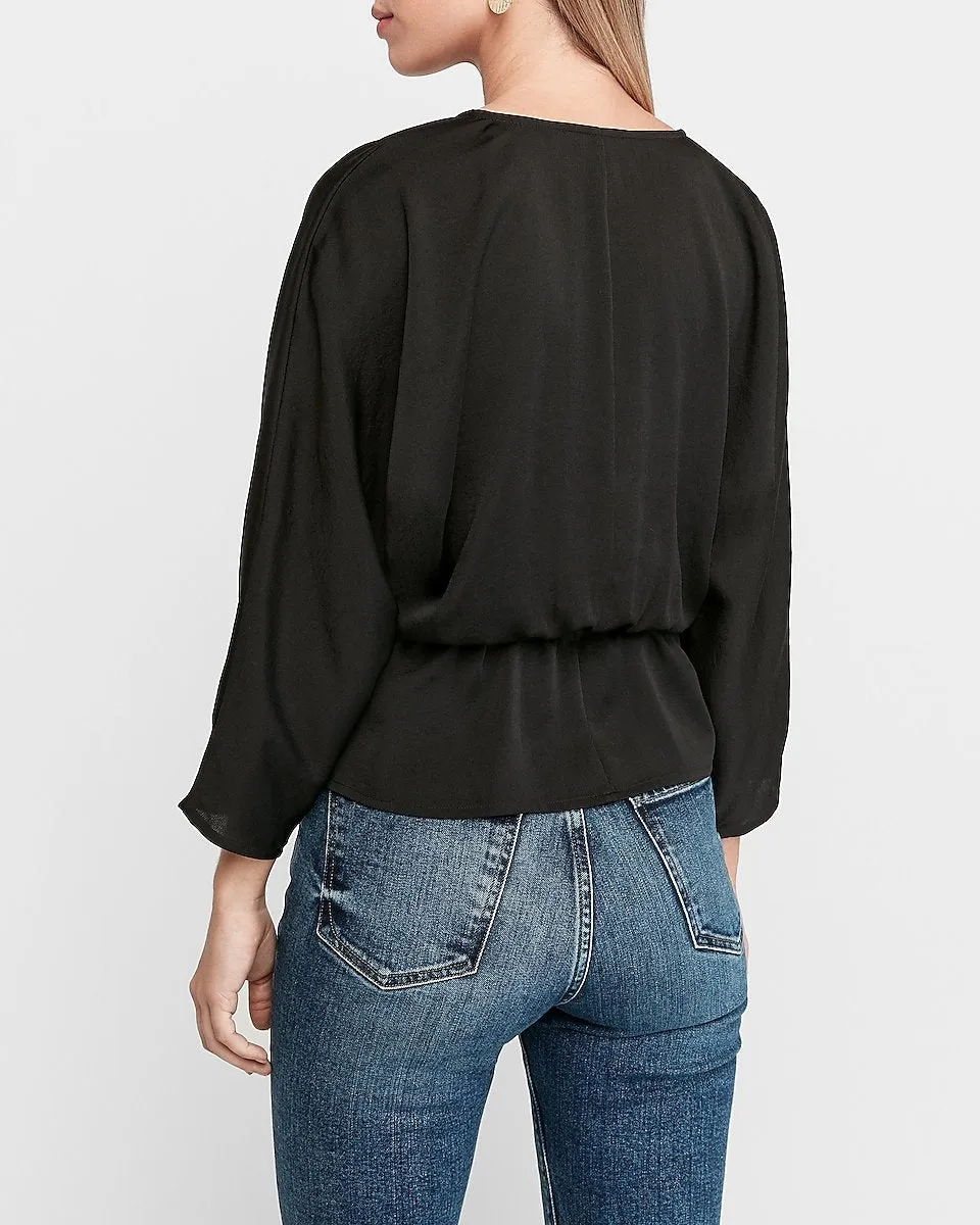 Satin Wrap Front Dolman Sleeve Peplum Top in Pitch Black