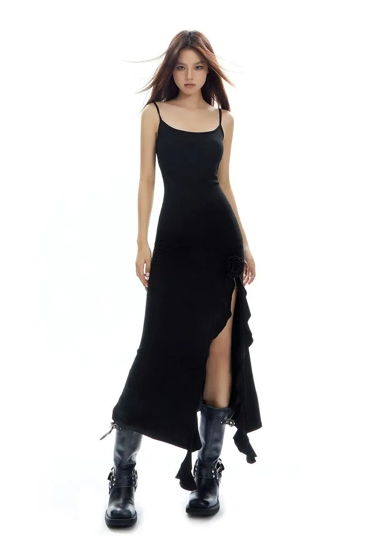 Sleeveless Bodycon Midi Dress with Side-Split Rose Detail
