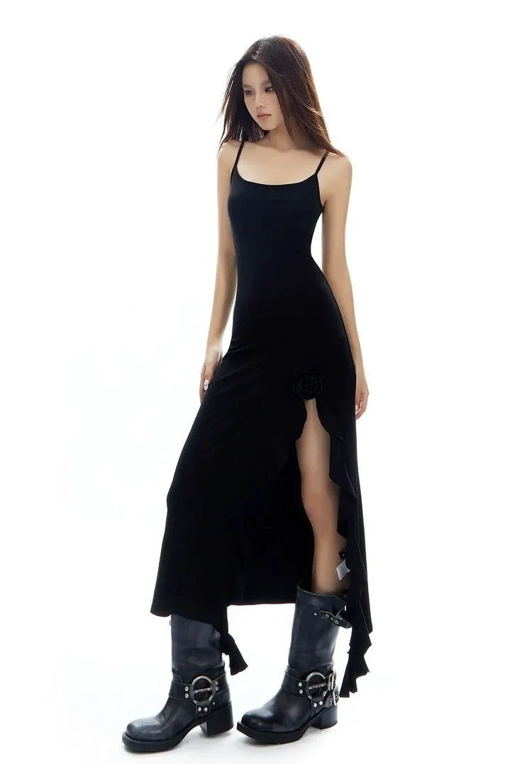 Sleeveless Bodycon Midi Dress with Side-Split Rose Detail
