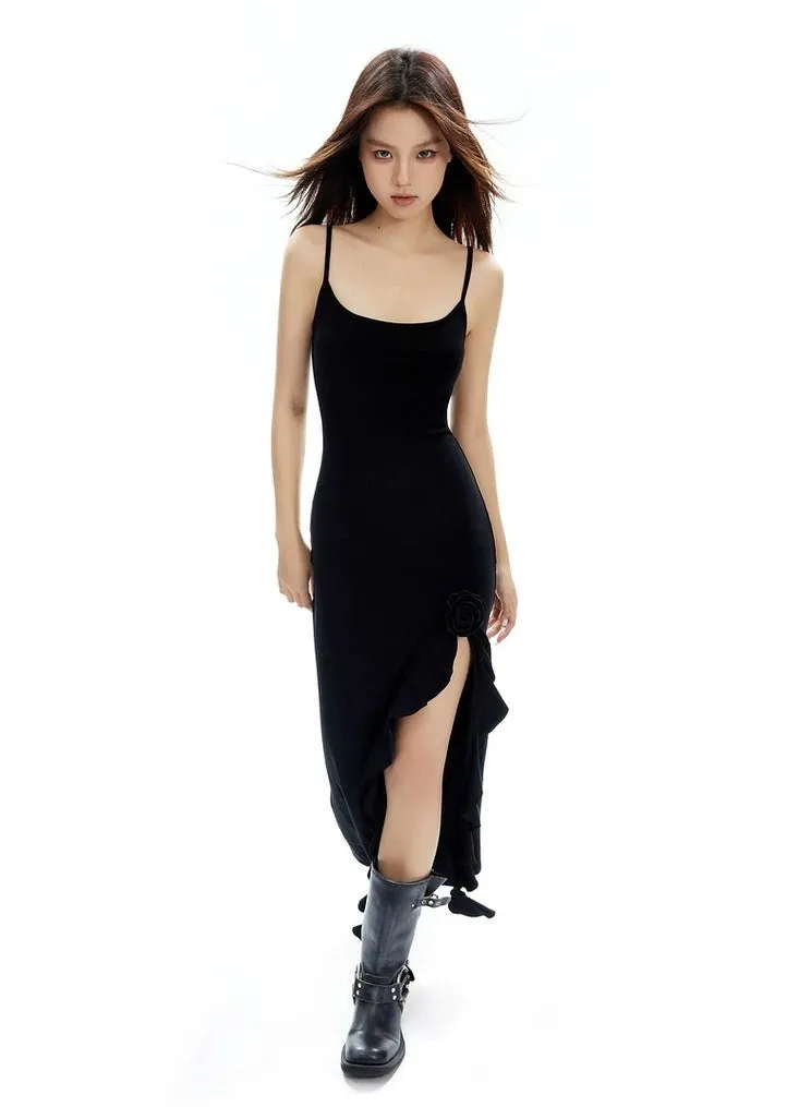 Sleeveless Bodycon Midi Dress with Side-Split Rose Detail