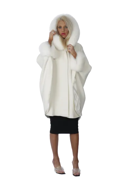 White Alpaca Hooded Cape with White Fox Trim