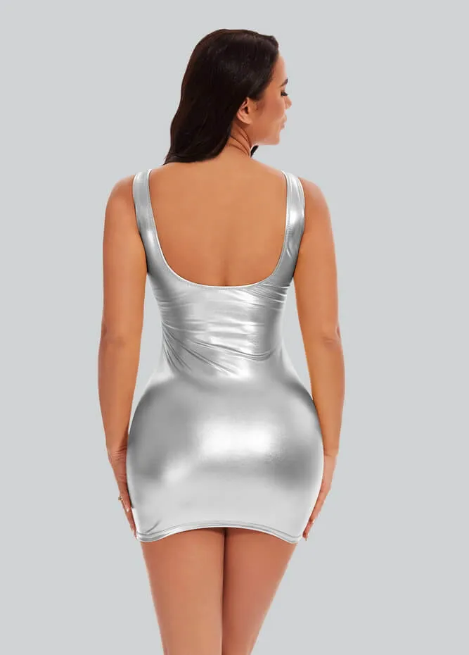Womens Sleeveless Scoop Neck Shiny Metallic Mini Dress